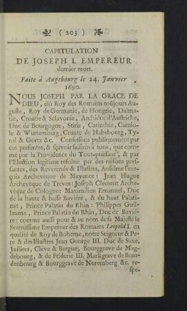 Capitulation de Joseph I. Empereur dernier mort.