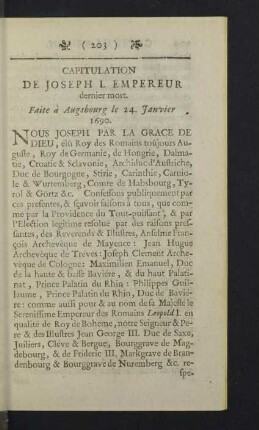 Capitulation de Joseph I. Empereur dernier mort.
