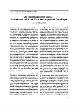 Die Forschungsstation Bardai - ihre wissenschaftlichen Voraussetzungen und Grundlagen
