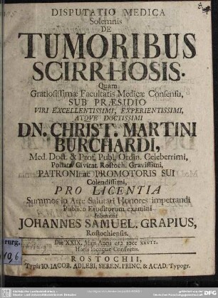 Disputatio Medica Solemnis De Tumoribus Scirrhosis : Die XXIX. Maii Anni MDCCXXVII ...