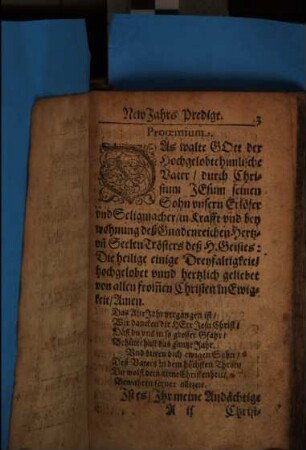 New Jahrs Predigt MDCXXIIX, Darinn der Christlichen Gemeind zu Gera zum glücklichen Newen Jahr ein Betbüchlein voller außerlesener ReimGebetlein und Seufftzerlein, in allerley gegenwertigen und künfftigen Nöthen zugebrauchen verehret