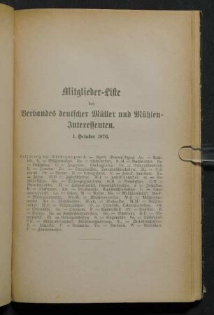 Mitglieder-Liste des Verbandes deutscher Müller und Mühlen-Interessenten.