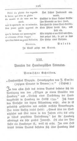XIII. Annalen der Hamburgischen Litteratur.