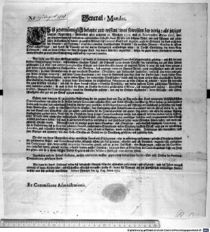 General-Mandat : Actum Muenchen den 29. Aug. Anno 1711. Ex Commissione Administrationis.