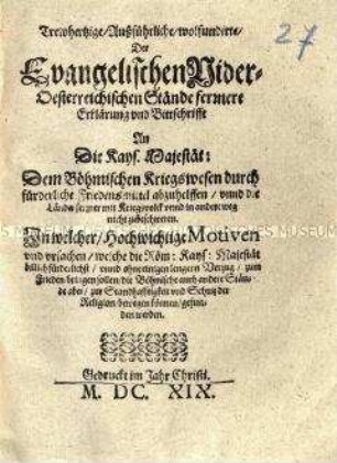 Aufruf der Niederösterreichischen protestantischen Stände an Kaiser Ferdinand II., dem Aufstand in Böhmen ein Ende zu setzen