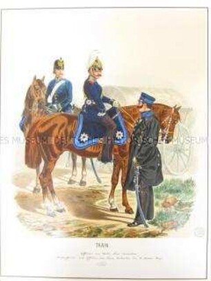 Uniformdarstellung, Offizier des Garde-Train-Bataillons, Unteroffizier und Offizier vom Train-Bataillon des 3. Armee-Korps zu Pferd, Preußen, 1864. Tafel 32 aus: Schindler: Militair-Album.