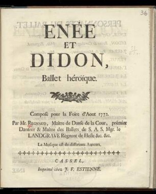 Enée et Didon, ballet héroi͏̈que : composé pour la foire d'aout 1772