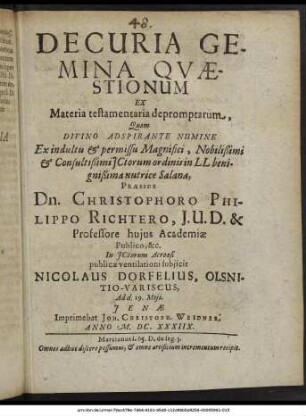 Decuria Gemina Quaestionum Ex Materia testamentaria depromptarum