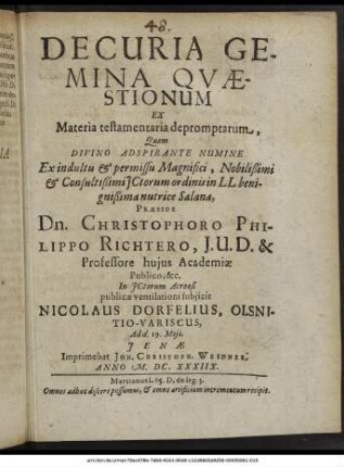 Decuria Gemina Quaestionum Ex Materia testamentaria depromptarum