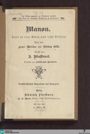Manon : Oper in 4 Akten und 6 Bildern