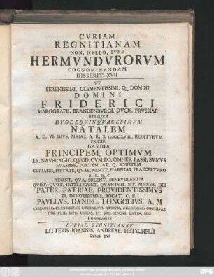 17: Cvriam Regnitianam Non. Nvllo. Ivre Hermvndvrorvm Cognominandam Disserit ...