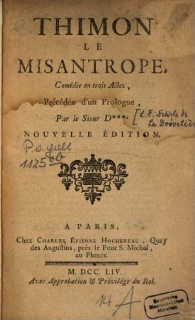 Thimon le misantrope : Comédie en trois Actes, précédée d'un Prologue