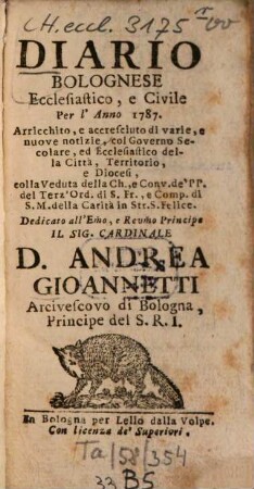 Diario bolognese ecclesiastico e civile : per l'anno ... 1787