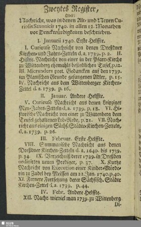 Zweytes Register, Nachricht, was in denen Alt- und Neuen Curiosis Saxonicis 1740. in allen 12. Monathen vor Denckwürdigkeiten beschrieben