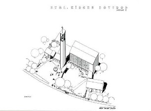 Grund, Peter; Bottrop - Batenbrock; Ev. Auferstehungskirche und Pfarrhaus - Axonometrie (Vogelperspektive)
