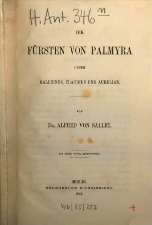 Die Fürsten von Palmyra unter Gallienus, Claudius und Aurelian