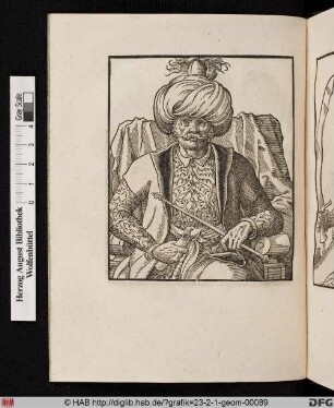 Sitzender Orientale mit Szepter und Schriftrolle in der Rechten, Brustbild