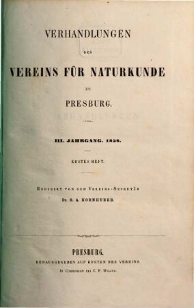 Verhandlungen des Vereins für Naturkunde zu Presburg, 1858 = Jg. 3
