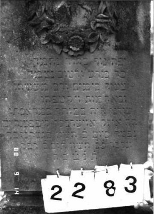 Grabstein 2283 (Index: 100097403) Maße HxBxT: 144x47x19 cm Symbolik: Trauerkranz: Grabstein 2283 (Detailaufnahme 1)