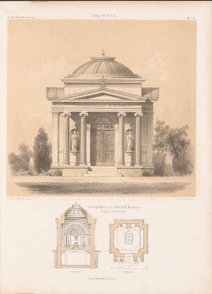 Erbbegräbnis der Familie H. Kramsta, Freiburg: Grundriss, Ansicht, Querschnitt (aus: Architektonisches Skizzenbuch, H. 107/2, 1871)