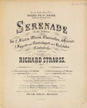 Serenade : (Es-Dur, Andante) für 2 Flöten, Oboen, Clarinetten, 4 Hörner, 2 Fagotte und Contrafagott oder Baßtuba (Contrabaß) ; Op. 7 ; seinem hochverehrten Lehrer, Herrn Fr. W. Meyer, königl. bayr. Hof-Kapellmeister