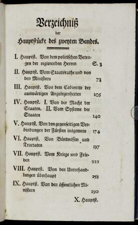 Verzeichnis der Hauptstücke des zweytes Bandes