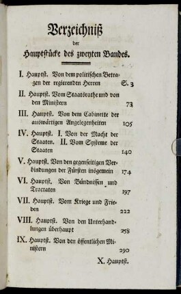 Verzeichnis der Hauptstücke des zweytes Bandes
