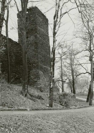 Stadtbefestigung und Mauerturm (Lazareth-Turm) : Freiberg (Sachsen). Stadtbefestigung mit Mauerturm (sogenannter Lazarethturm). Blick vom Wallgraben nach Nordwesten gegen Terrassengasse