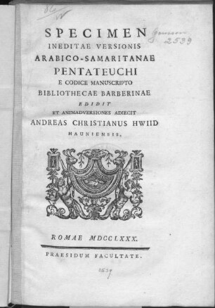 Specimen ineditae versionis Arabico-Samaritanae Pentateuchi e codice manuscripto Bibliothecae Barberinae