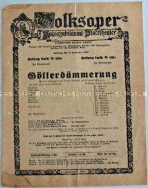 Theaterprogramm der Volksoper des Kaiserjubiläums- Stadttheaters zur Oper "Götterdämmerung"