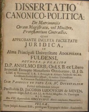 Dissertatio Canonico-Politica: De matrimoniis coram magistratu, vel ministro, protestantium contractis