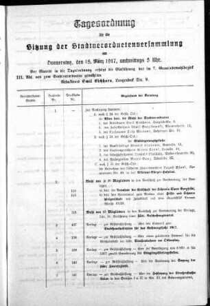 Anlage: Tagesordnung für die Sitzung, 10. März 1917