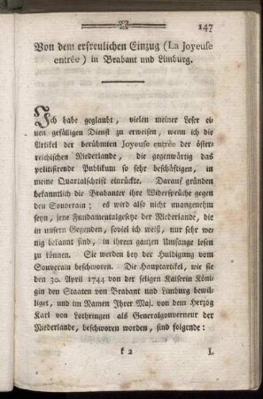Von dem erfreulichen Einzug (La Joyeuse entrèe) in Brabant und Limburg.