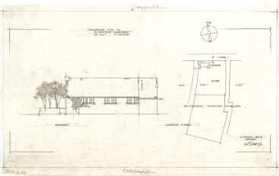 Gsaenger, Gustav; München - Großhadern, Ebernburgstr.; Ev. Notkirche, Reformations - Gedächtnis Kirche - Entwurf, Eingabeplan, Südseite (Ansicht), Lageplan