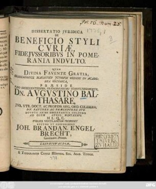 Dissertatio Jvridica De Beneficio Styli Cvriæ, Fidejvssoribus In Pomerania Indvlto