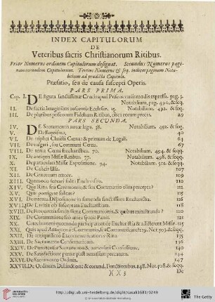 Index Capitulorum de Veteribus sacris Christianorum Ritibus.