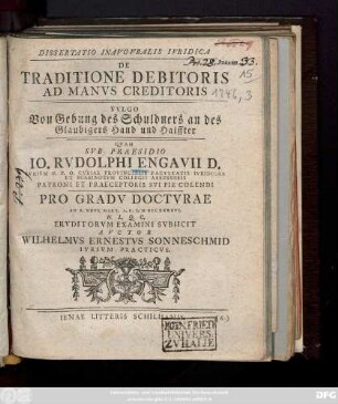 Dissertatio Inavgvralis Ivridica De Traditione Debitoris Ad Manvs Creditoris Vvlgo Von Gebung des Schuldners an des Glaubigers Hand und Halffter