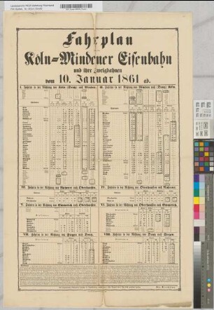 Fahrplan für die Köln-Mindener Eisenbahn und ihre Zweigbahnen vom 10. Januar 1861 ab. Druck von M. DuMont-Schauberg in Köln