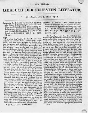 Leipzig, b. Fritsche: Joh. Frider. Fischeri Animadversionum ad Jac. Velleri Grammaticam Graecam. Speciminis Tertii pars posterior. Edidit Christian. Theophil. Kuinoel. Phil. Prof. Lips. IV u. 350 S. gr. 8. 1801.