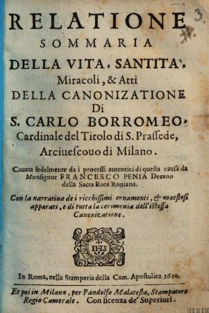 Relatione sommaria della Vita di S. Carlo Borromeo