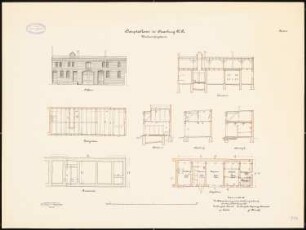 Hauptzollamt, Strasburg Wirtschaftsgebäude: Grundriss Fundamente, EG, DG, Längsschnitt, Querschnitte, Hoffront 1:100