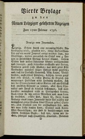 Vierte Beylage zu den Leipziger gelehrten Anzeigen - Zum 15ten Februar 1796.