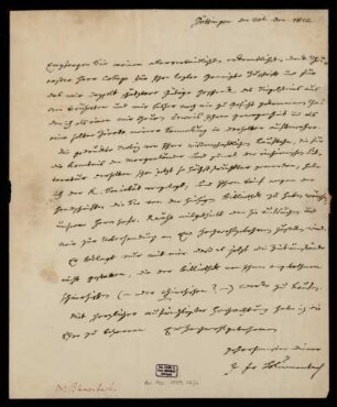 Brief von Johann Friedrich Blumenbach an Heinrich Julius Klaproth, Göttingen, 20.12.1812