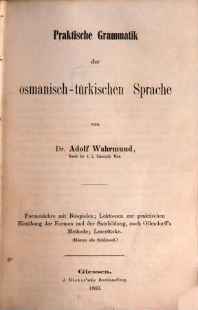 Praktisches Handbuch der osmanisch-türkischen Sprache, 1