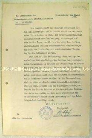 Rundschreiben des Vorsitzenden des Braunschweigischen Staatsministeriums mit der Aufforderung, allen Beamten, die am Bundesturnfest in Österreich teilnehmen möchten, Urlaub zu gewähren