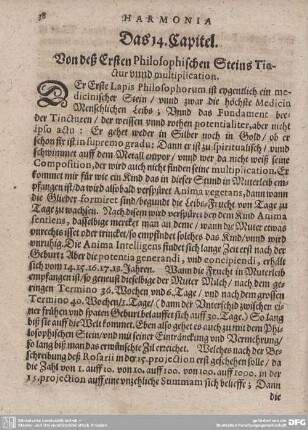 Das 14. Capitel. von deß Ersten Philosophischen Steins Tinctur unnd multiplication.