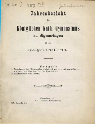 Jahresbericht : über das Schuljahr ... 1890/91
