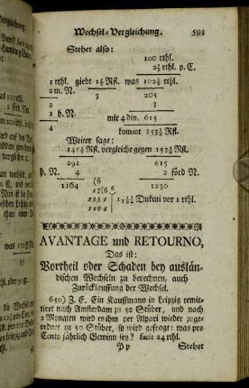 Avantage und Retourno, Das ist: Vortheil oder Schaden bey ausländischen Wechseln zu berechnen, auch Zurücklauffung der Wechsel.