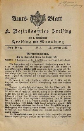 Amts-Blatt des Bezirksamtes Freising. 1885