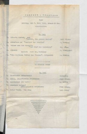 Konzert-Programm fuer Sonntag, den 09. Juli 1916, abends 8 Uhr.